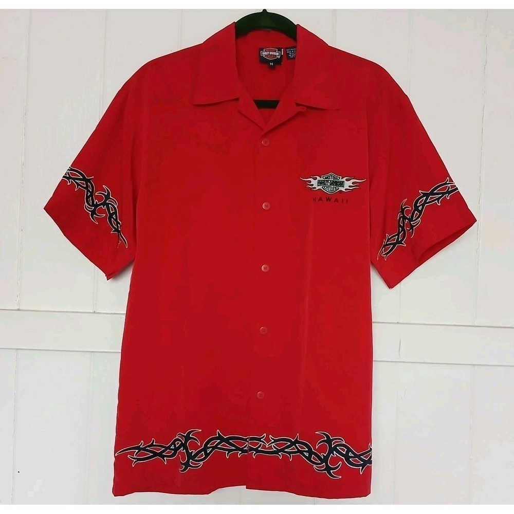 Vintage Harley Davidson Shirt Mens Medium Spell Out Fire Hawaii Tribal Button Up